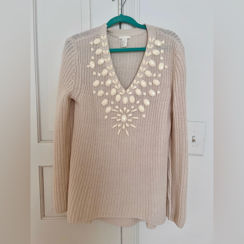 H&M Cream Bejeweled V-Neck Sweater
